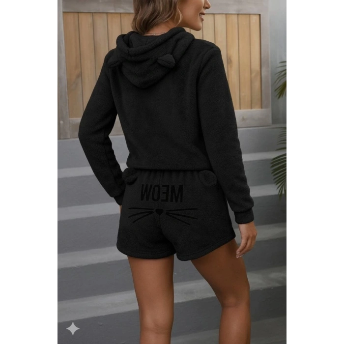 MDB Kadın Uzun Kollu Kapşonlu Peluş Bluz Ve Kısa Short Ikili Takım