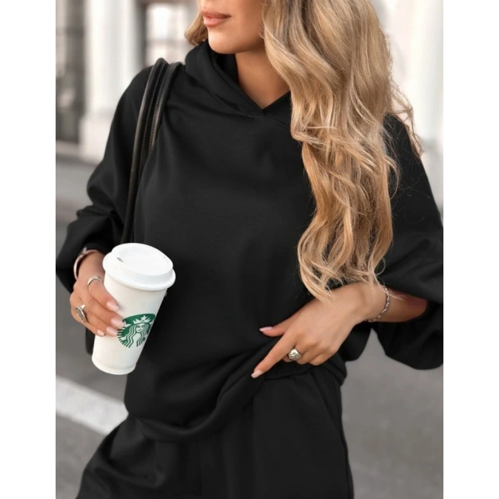 MDB Kadın Uzun Kollu Kapşonlu Viskon Iki Iplik Bluz Ve Pantolon Ikili Takım