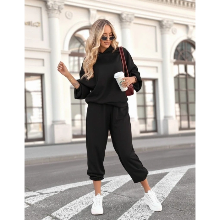 MDB Kadın Uzun Kollu Kapşonlu Viskon Iki Iplik Bluz Ve Pantolon Ikili Takım