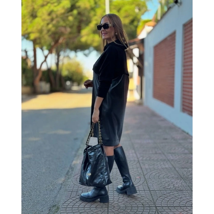 MDB Kadın Uzun Kollu Kapüşon Ve Deri Detay Diz üstü Elbise