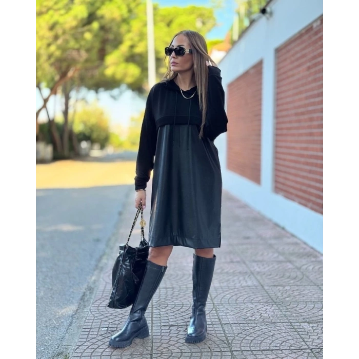 MDB Kadın Uzun Kollu Kapüşon Ve Deri Detay Diz üstü Elbise
