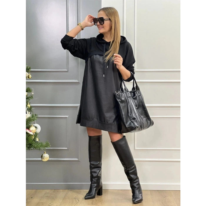 MDB Kadın Uzun Kollu Kapüşon Ve Deri Detay Diz üstü Elbise