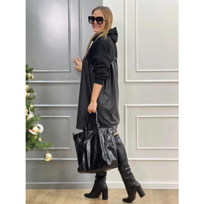 MDB Kadın Uzun Kollu Kapüşon Ve Deri Detay Diz üstü Elbise