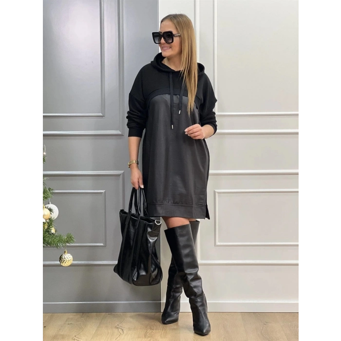 MDB Kadın Uzun Kollu Kapüşon Ve Deri Detay Diz üstü Elbise