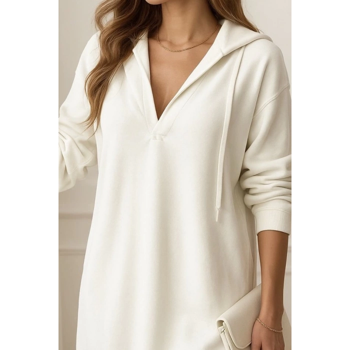 MDB Kadın Uzun Kollu Kapüşonlu Yakası Açık Modal Elbise