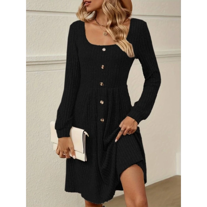 MDB Kadın Uzun Kollu Kare Yaka Düğmeli Kısa şardonlu Iki Iplik Mini Elbise