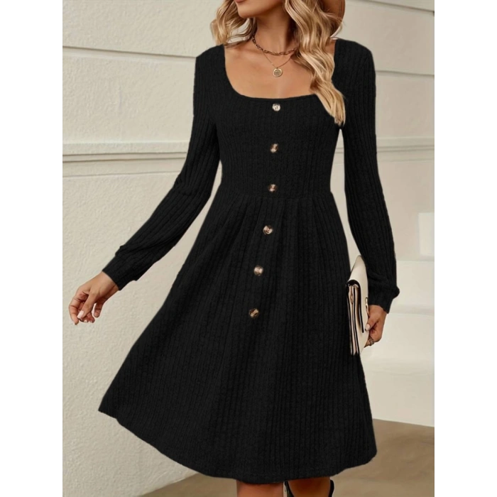 MDB Kadın Uzun Kollu Kare Yaka Düğmeli Kısa şardonlu Iki Iplik Mini Elbise