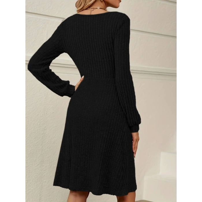 MDB Kadın Uzun Kollu Kare Yaka Düğmeli Kısa şardonlu Iki Iplik Mini Elbise