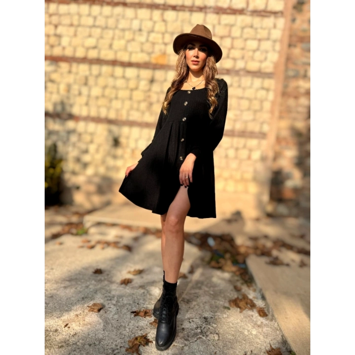 MDB Kadın Uzun Kollu Kare Yaka Düğmeli Kısa şardonlu Iki Iplik Mini Elbise