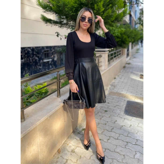 MDB Kadın Uzun Kollu Kare Yaka üst Viskon Alt Deri Mini Elbise