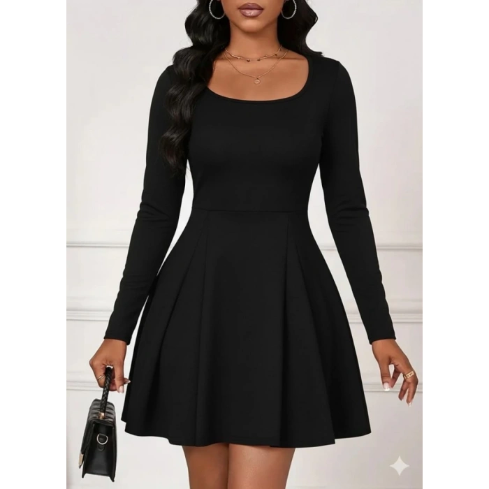 MDB Kadın Uzun Kollu Kare Yakalı Mini Ithal Krep Elbise