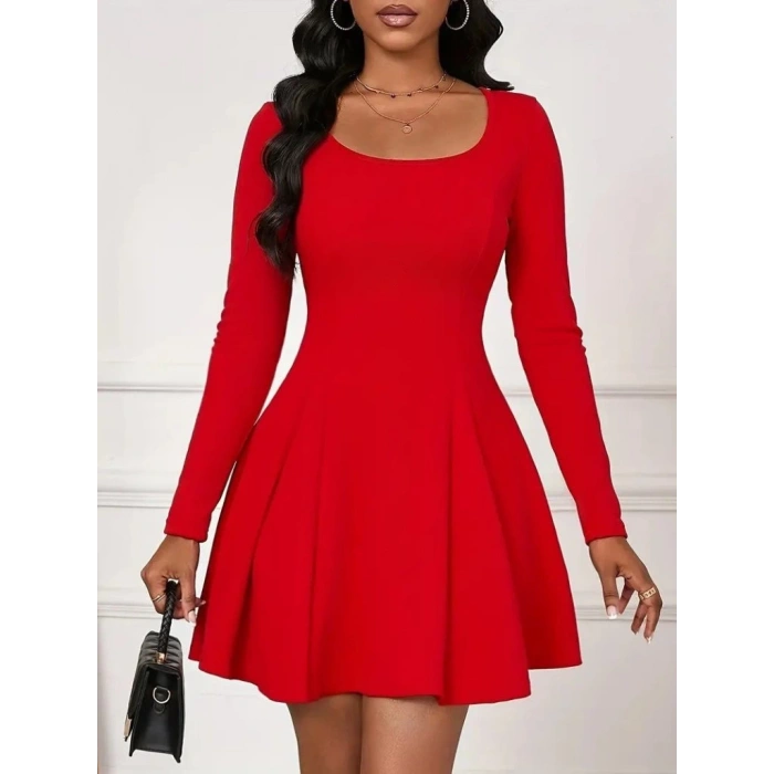 MDB Kadın Uzun Kollu Kare Yakalı Mini Ithal Krep Elbise