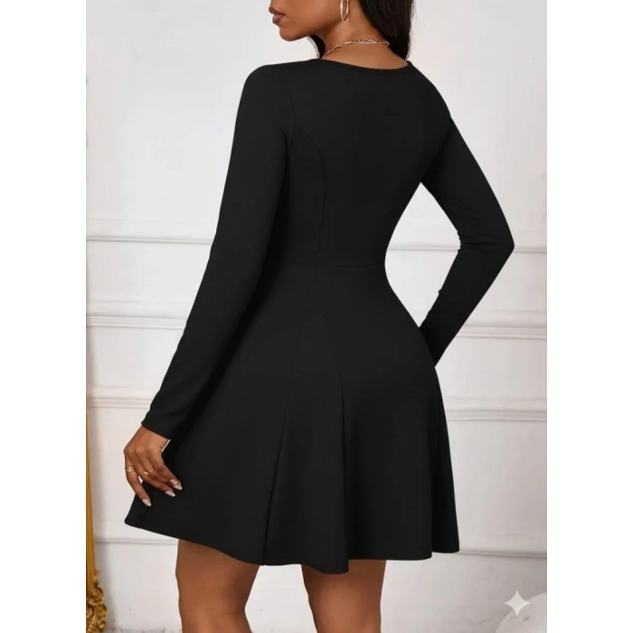 MDB Kadın Uzun Kollu Kare Yakalı Mini Ithal Krep Elbise