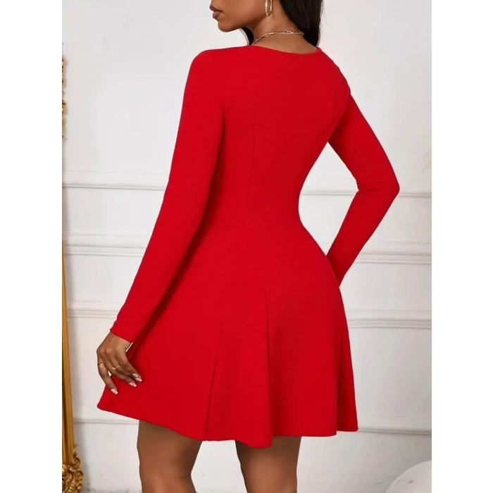 MDB Kadın Uzun Kollu Kare Yakalı Mini Ithal Krep Elbise