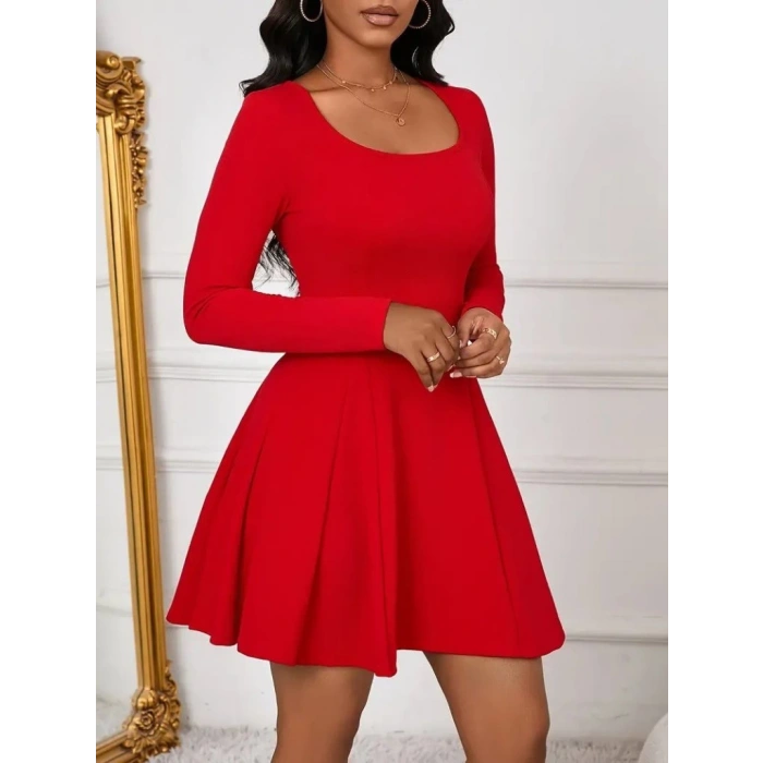 MDB Kadın Uzun Kollu Kare Yakalı Mini Ithal Krep Elbise