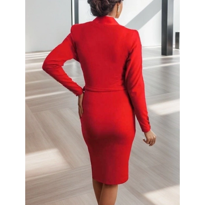 MDB Kadın Uzun Kollu Kruvaze Yaka Bağcık Detay Akrilik Mini Boy Elbise