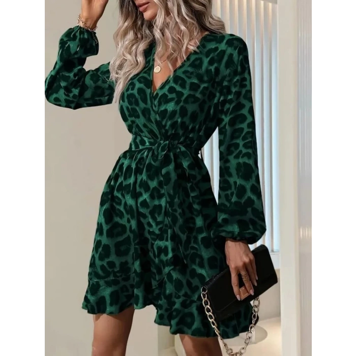 MDB Kadın Uzun Kollu Kruvaze Yaka Beden Kuşaklı çapraz Kesim Detaylı Leopar Modal Mini Elbise