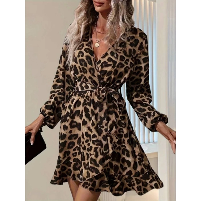 MDB Kadın Uzun Kollu Kruvaze Yaka Belden Kuşaklı çapraz Kesim Detaylı Leopar Modal Mini Elbise