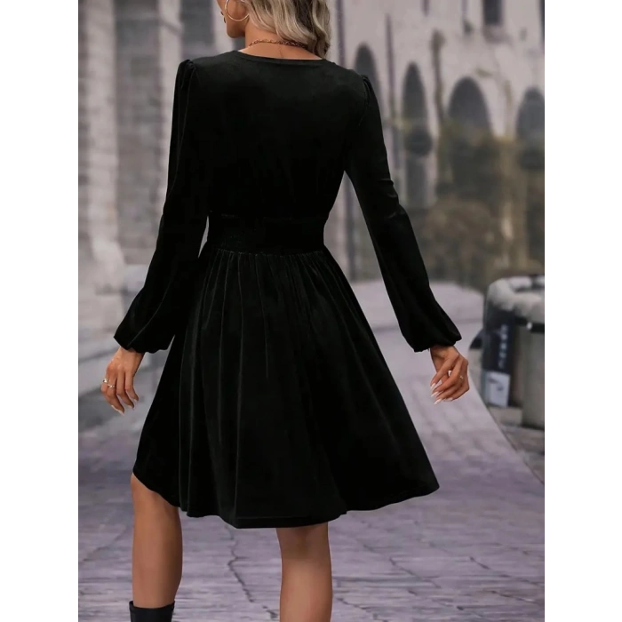 MDB Kadın Uzun Kollu Kruvaze Yaka Beli Lastikli Kiloş Kadife Elbise