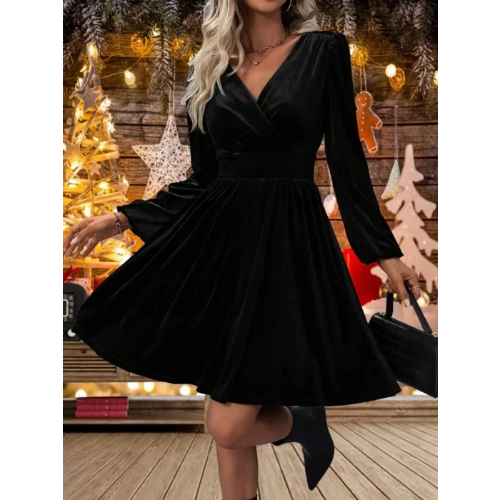 MDB Kadın Uzun Kollu Kruvaze Yaka Beli Lastikli Kiloş Kadife Elbise