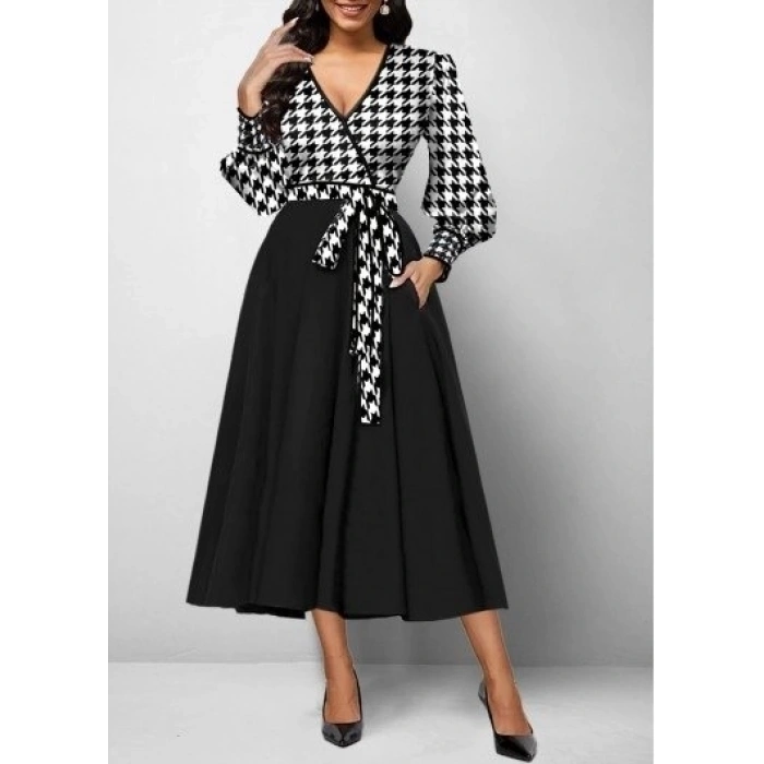 MDB Kadın Uzun Kollu Kruvaze Yaka Dalgıç Krep Midi Boy Elbise