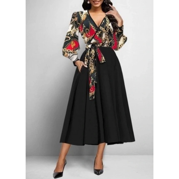 MDB Kadın Uzun Kollu Kruvaze Yaka Dalgıç Krep Midi Boy Elbise