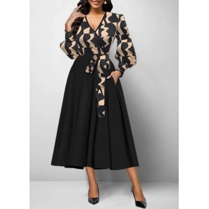 MDB Kadın Uzun Kollu Kruvaze Yaka Dalgıç Krep Midi Boy Elbise