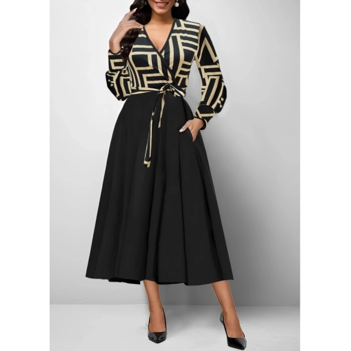 MDB Kadın Uzun Kollu Kruvaze Yaka Dalgıç Krep Midi Boy Elbise