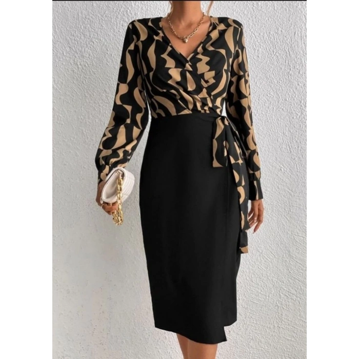 MDB Kadın Uzun Kollu Kruvaze Yaka Dijital Baskılı Fiyonk Detay Atlas Kumaş Elbise