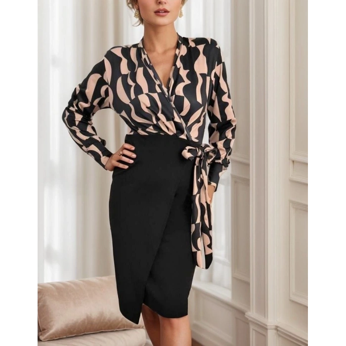 MDB Kadın Uzun Kollu Kruvaze Yaka Dijital Baskılı Fiyonk Detay Atlas Kumaş Elbise