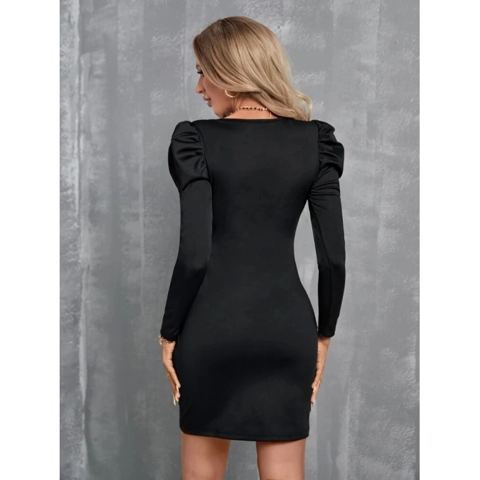 MDB Kadın Uzun Kollu Kruvaze Yaka Kol Detaylı Ithal Krep Mini Elbise