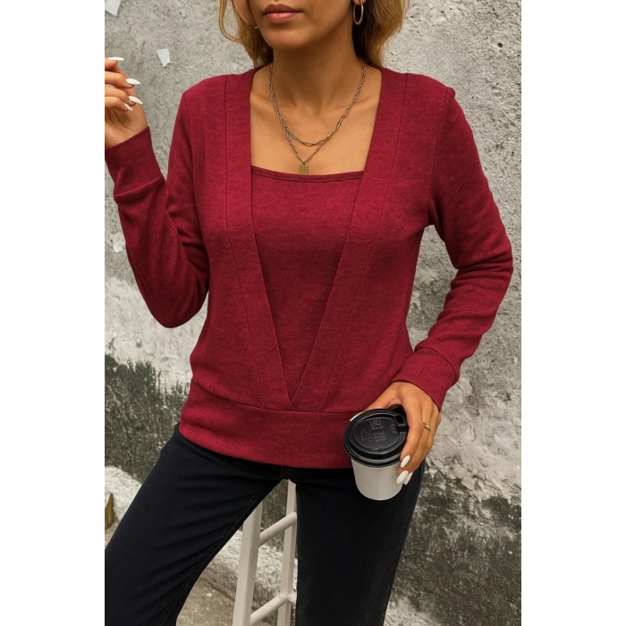 MDB Kadın Uzun Kollu Kruvaze Yaka Kol Ve Etek Ucu Manşet Detay Yumoş Bluz