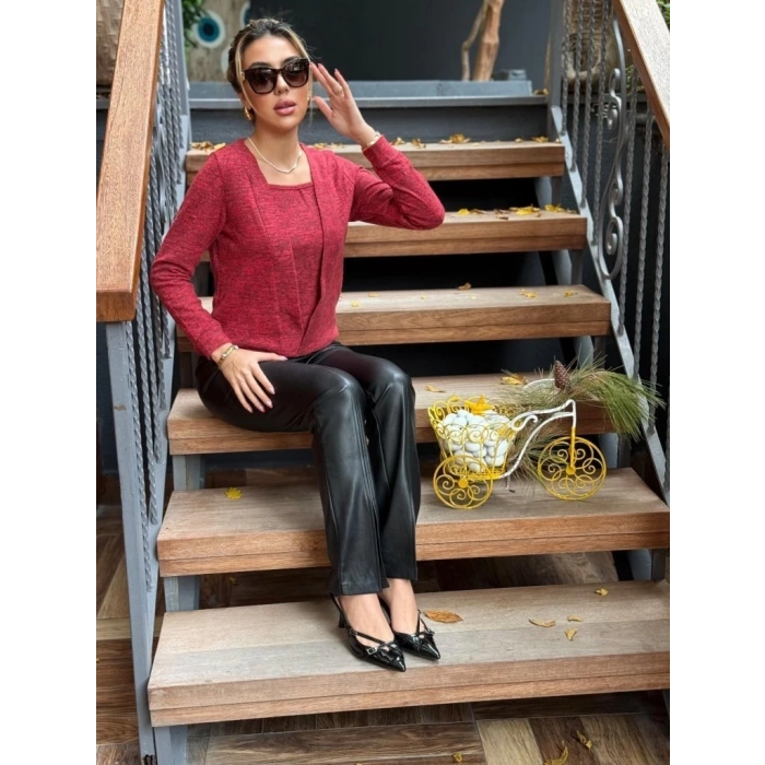 MDB Kadın Uzun Kollu Kruvaze Yaka Kol Ve Etek Ucu Manşet Detay Yumoş Bluz