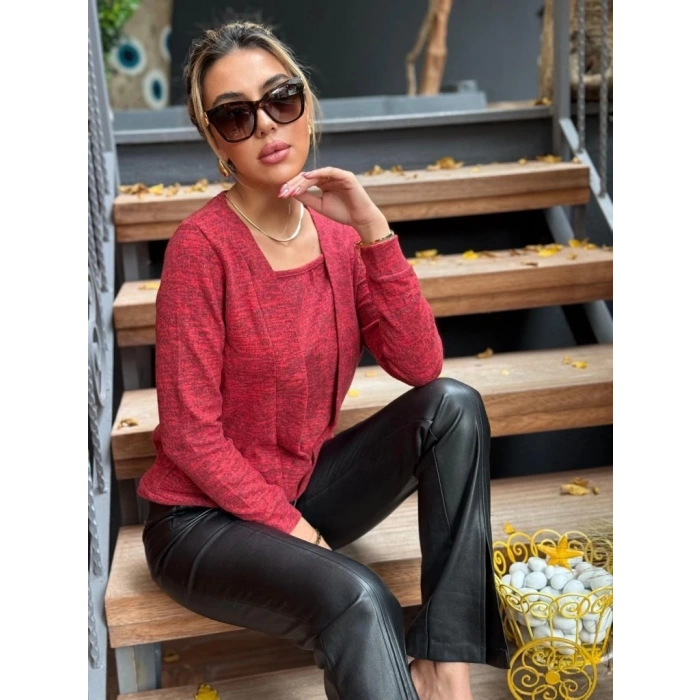 MDB Kadın Uzun Kollu Kruvaze Yaka Kol Ve Etek Ucu Manşet Detay Yumoş Bluz