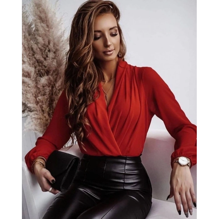 MDB Kadın Uzun Kollu Kruvaze Yaka Sandy Bluz