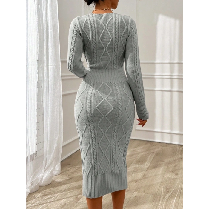 MDB Kadın Uzun Kollu Kruvaze Yaka Triko Midi Boy Elbise
