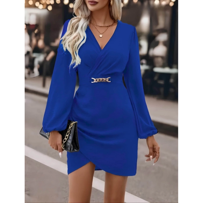 MDB Kadın Uzun Kollu Kruvaze Yaka Yandan Büzgülü Asimetrik Detaylı Ithal Krep Mini Elbise