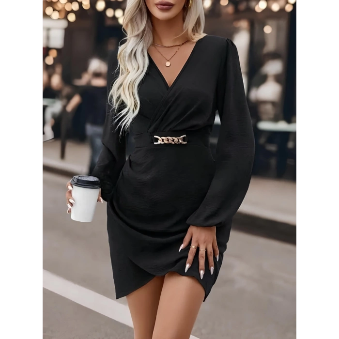 MDB Kadın Uzun Kollu Kruvaze Yaka Yandan Büzgülü Asimetrik Detaylı Ithal Krep Mini Elbise