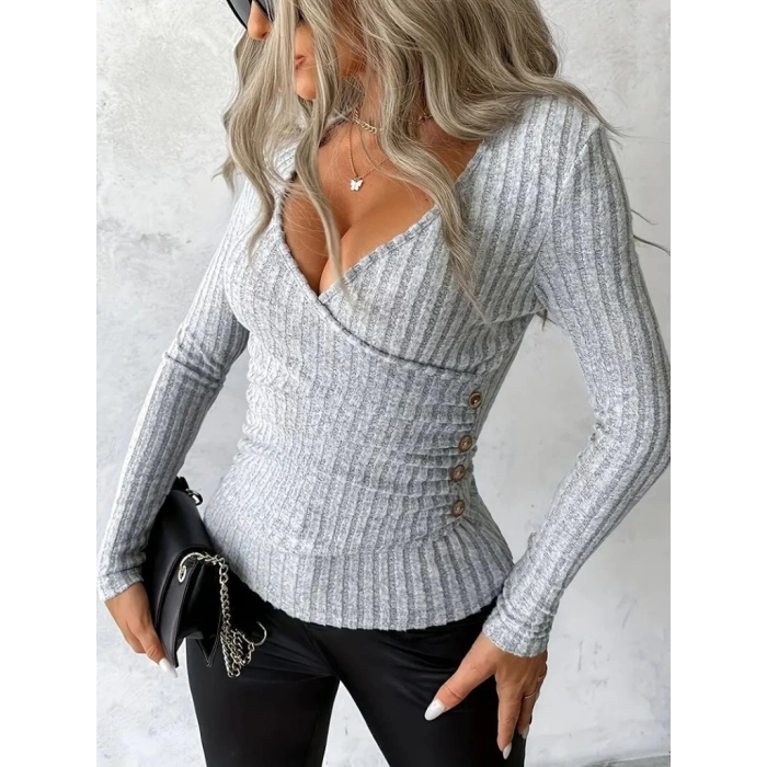 MDB Kadın Uzun Kollu Kruvaze Yaka Yandan Düğme Detaylı şardonlu Kaşkorse Bluz