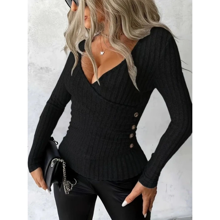 MDB Kadın Uzun Kollu Kruvaze Yaka Yandan Düğme Detaylı şardonlu Kaşkorse Bluz