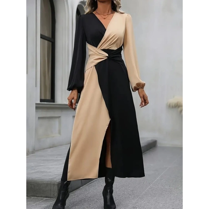 MDB Kadın Uzun Kollu Kruvaze Yakalı Belden çapraz Detaylı çift Renkli Midi Ithal Krep Elbise