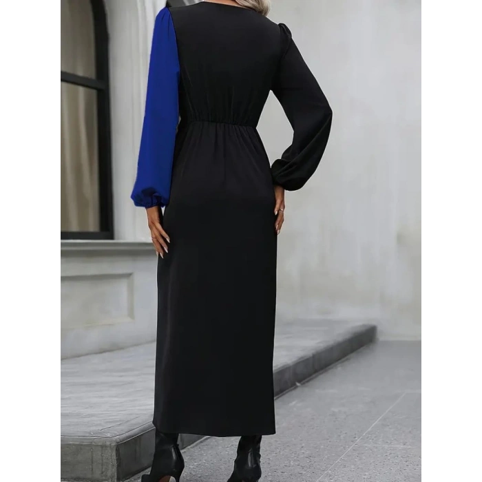 MDB Kadın Uzun Kollu Kruvaze Yakalı Belden çapraz Detaylı çift Renkli Midi Ithal Krep Elbise