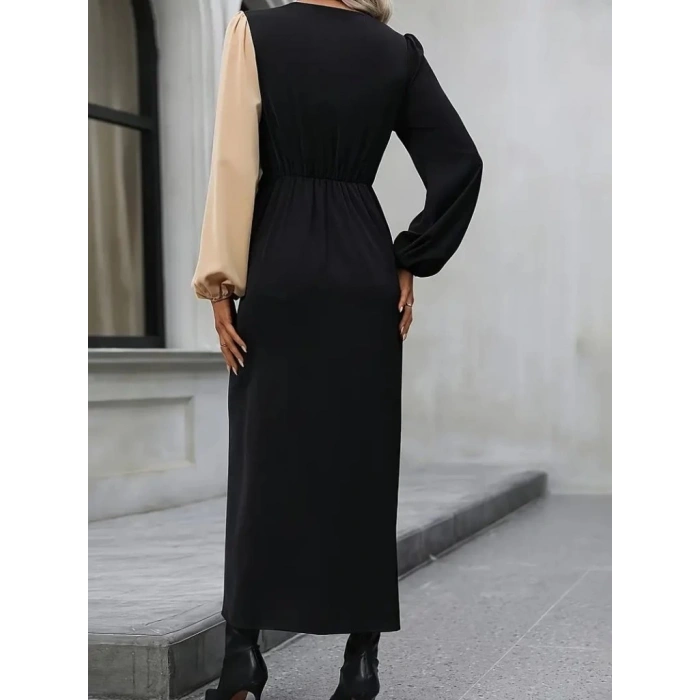 MDB Kadın Uzun Kollu Kruvaze Yakalı Belden çapraz Detaylı çift Renkli Midi Ithal Krep Elbise