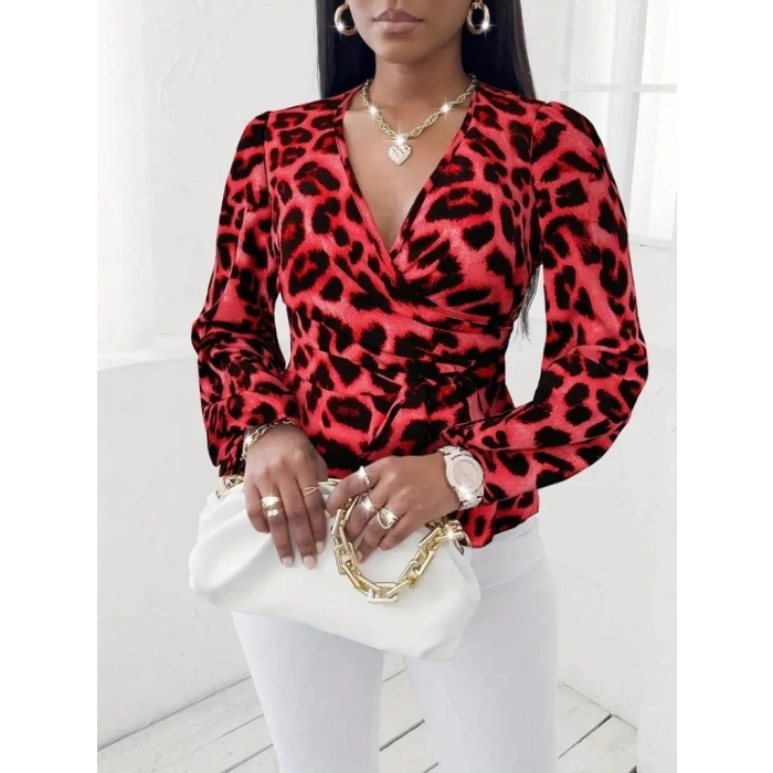 MDB Kadın Uzun Kollu Kruvaze Yakalı Belden Kuşaklı Leopar Desenli Süprem Bluz
