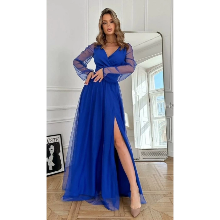 MDB Kadın Uzun Kollu Kruvaze Yakalı Belden Kuşaklı Tüllü Uzun Ithal Krep Elbise