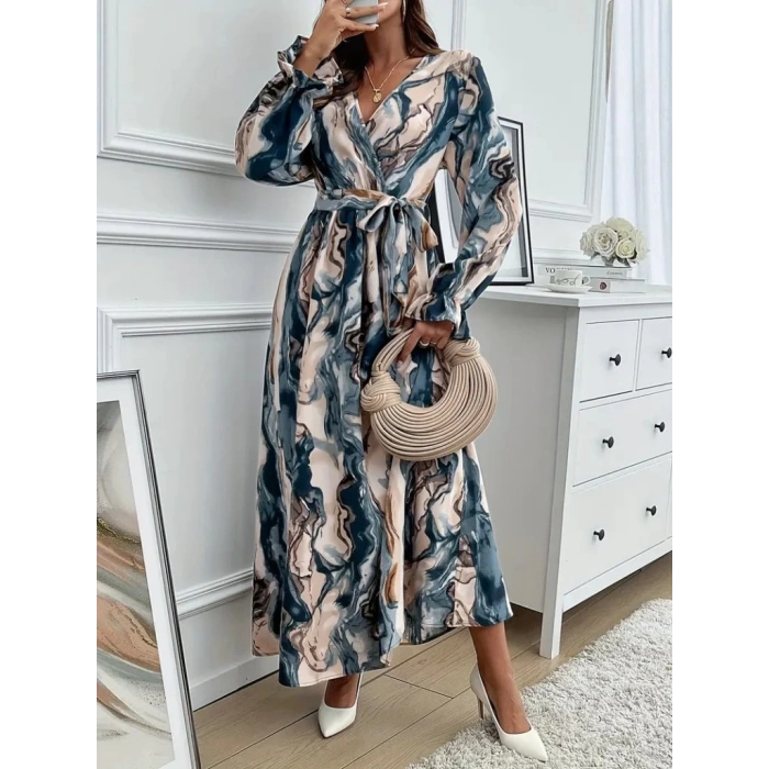 MDB Kadın Uzun Kollu Kruvaze Yakalı Beli Kuşaklı Desenli Süprem Maxi Elbise