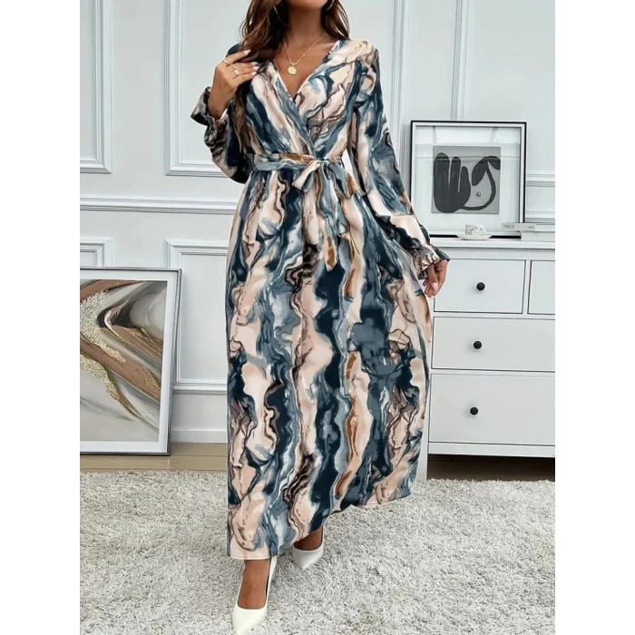 MDB Kadın Uzun Kollu Kruvaze Yakalı Beli Kuşaklı Desenli Süprem Maxi Elbise