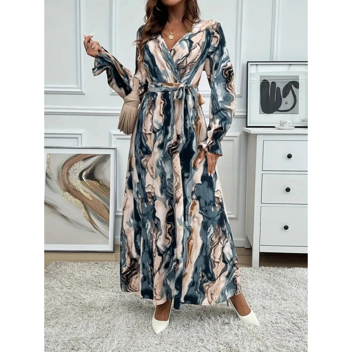 MDB Kadın Uzun Kollu Kruvaze Yakalı Beli Kuşaklı Desenli Süprem Maxi Elbise