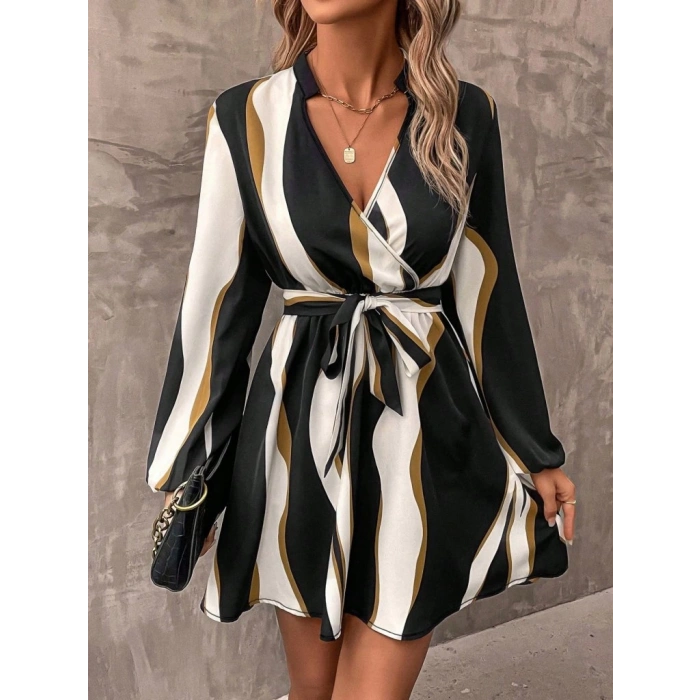 MDB Kadın Uzun Kollu Kruvaze Yakalı Desenli Modal Mini Elbise