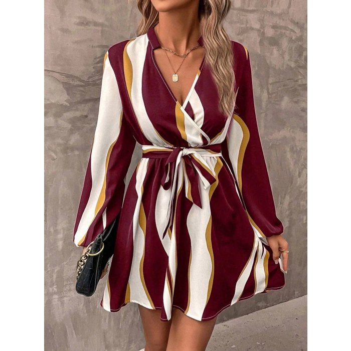 MDB Kadın Uzun Kollu Kruvaze Yakalı Desenli Modal Mini Elbise